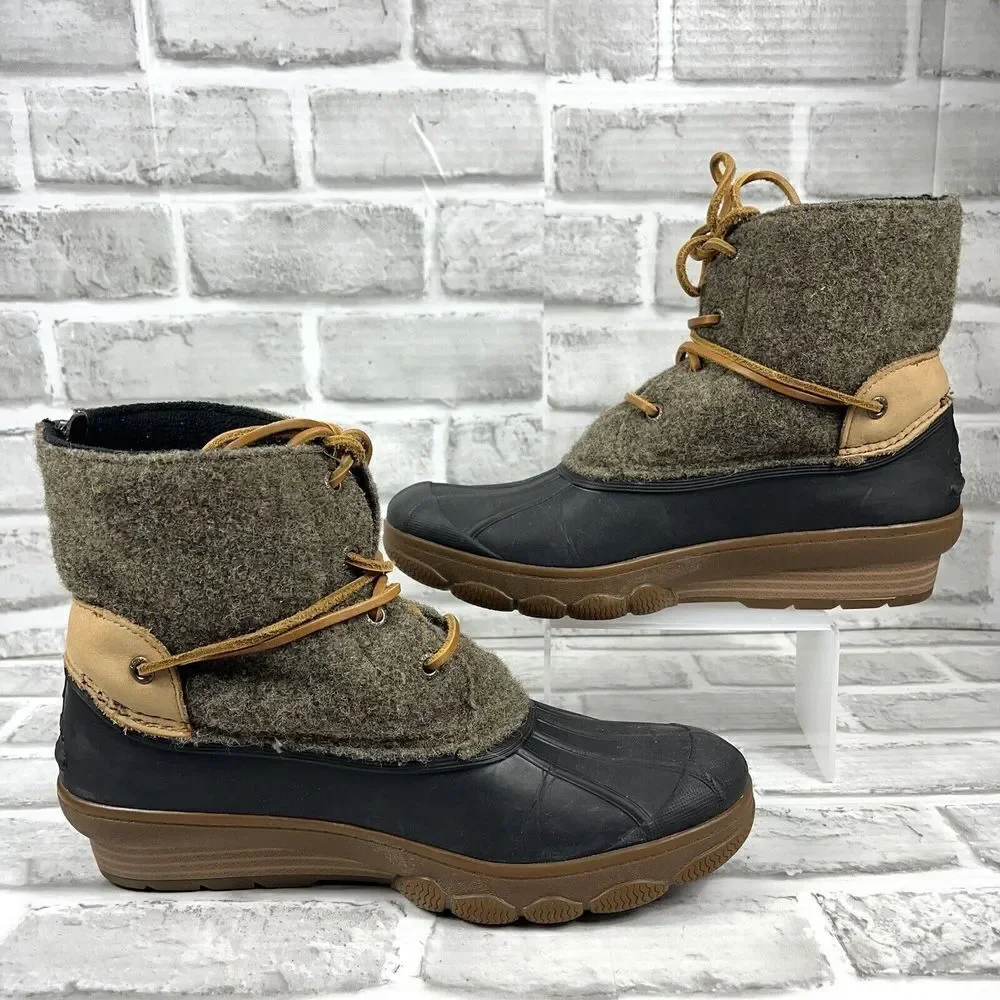 Sperry Black Rubber & Olive Wool Waterproof Winter Boots with Brown Trim